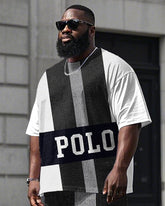 Big Men's Black & White Color Block Splicing Letter POLO Printed Short Sleeve T-shirt Shorts Set